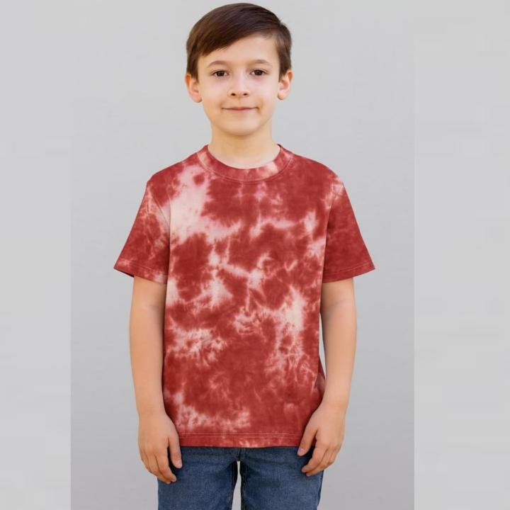 Deep Maroon Cloud Wash Tie-Dye T-Shirt for Kids | Rustic Red Cotton Tee